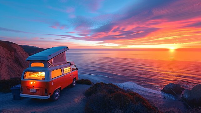 A classic red and white camper van parked on a cliffside with a stunning view of the ocean sunset