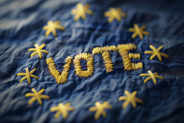 Vote word stitched into a European Union flag. Europe parliamentary elections - obrazy, fototapety, plakaty