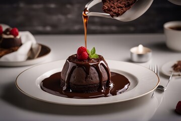 'chocolate lava cake gooey molten center pouring plate dessert food bite baked fruit berry liquid...