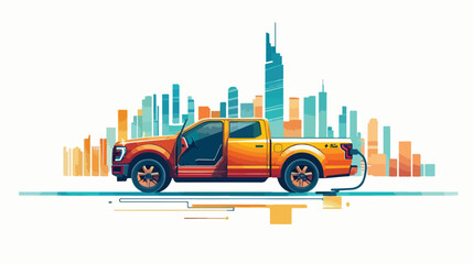 Electric pickup car with open door on a background of