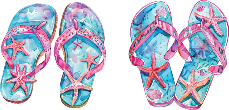 Watercolor Beach Sandals With Starfish Decoration, Clipart Style Isolated On White Background
