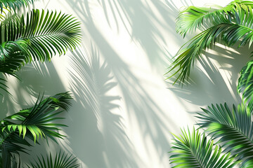 palm tree leaves with shadows on a white background, top view