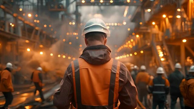 The worker in the high-visibility vest and helmet stands at full height, on an industrial steel plant surrounded by workers wearing orange safety jacket. Celebrate Labor day background
