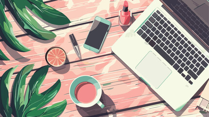 Workplace concept. Top view laptop lipstick glossy ma - obrazy, fototapety, plakaty