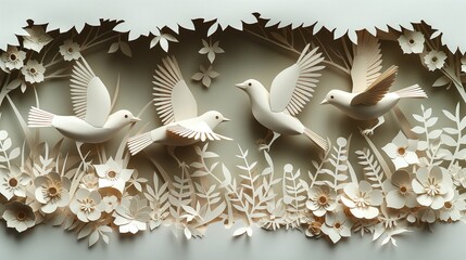 happy cheerful springtime nature landscape with dove fly under tree shade, paper cut craft sculpture artistic background illustration, Generative Ai	
