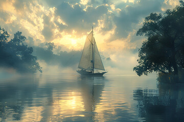 Tranquil scene with sailboat on lake,
A boat with a sail and the word sea on it
