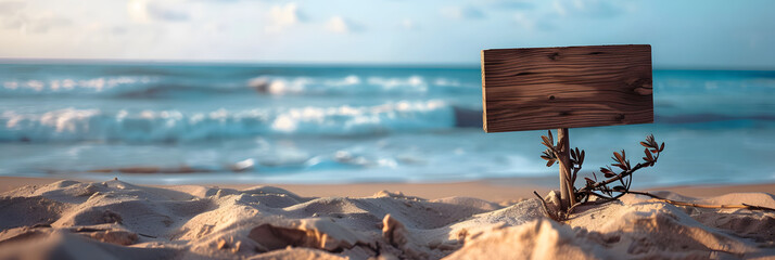 panneau en bois vierge planté dans du sable sur une plage avec la mer en fond - obrazy, fototapety, plakaty