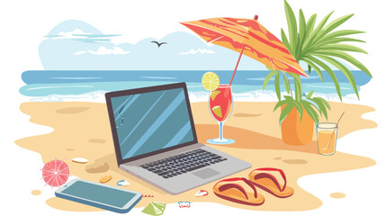 Obraz na płótnie Canvas Workplace on the beach. Laptop cocktail hat and flip