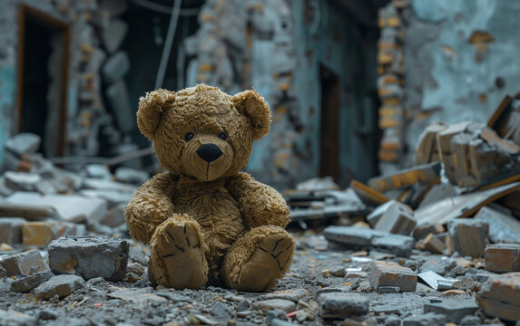 Abandoned dirty child teddy bear toy tragedy among destroyed building ruin destruction disaster damage bomb house after explosion fire attack danger city home
