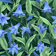 Blossoming Bluebells: Paint cute bluebell flowers with gentle strokes, showing them blossoming amidst lush green foliage.