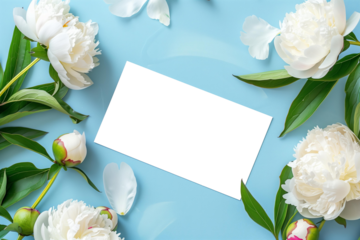 
Blank greeting card with space for your text or photo on pastel blue background with spring flowers peonies, top view.PNG object isolated with transparent background, mockup, design, template, layout