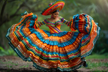 beautiful Mexican woman in a traditional dress dancing.