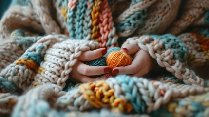 Comforting hands hold a yarn ball against a chunky knit blanket, suggesting warmth