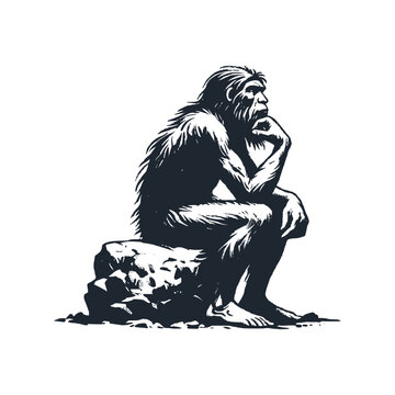 recommend clip art: The thinkerman for prehistoric era. Black white vector illustration.	