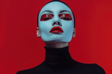 Mysterious woman with white face and blue eyes in black turtleneck on red background portrait