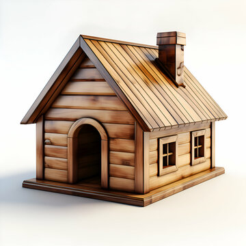3D render of a wooden house with a chimney on a white background
