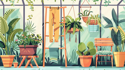 Greenhouse and gardening elements. pants in pot, wooden rack and chair, empty flowerpots. Glasshouse or conservatory room interior houseplants - obrazy, fototapety, plakaty