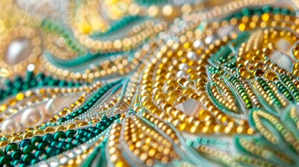 A closeup of a traditional garment reveals a stunning array of intricate beadwork in shades of green gold and white. Each bead is perfectly p creating a mesmerizing effect. .