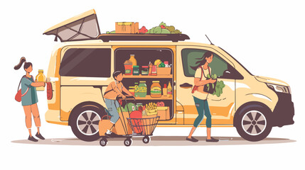 Family loads purchased groceries into their minivan.