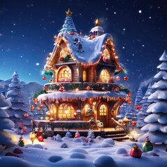 3d illustration of a christmas tree house with ornaments and colored lights surrounded by snow