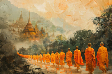 Vesak holiday concept - monks walking in procession as laypeople offer alms - 792705684