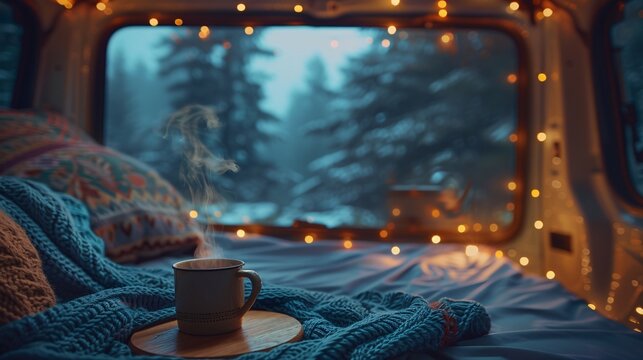 A warm and inviting camper van interior featuring a steaming mug on a wooden stand with soft lighting and pine trees visible through the window