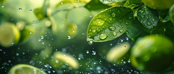 green lime and mint leaves flying in the air with water droplets on them, with scattered limes and lemons floating all over the place The background is blurred, creating an abstract composition