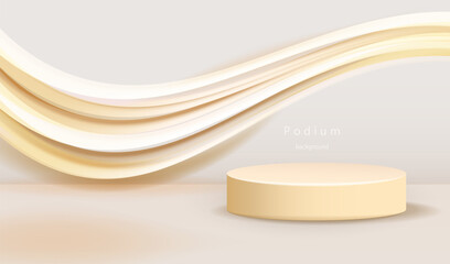 Geometric gold lines luxury wavy background. Golden cream podium platform for display cosmetic product in studio vector.