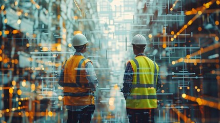 Two civil engineers wearing yellow vests and white helmets standing in a construction site with a digital building hologram in the style of double exposure photography and a motion blurred background