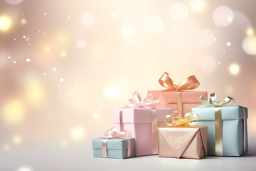pastel colored wrapped birthday presents in front of a bokeh background with space for text, happy birthday background
