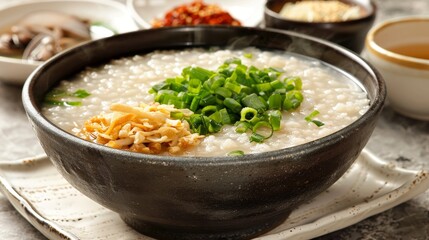 Artistic representation of congee, a staple Asian comfort food, beautifully served with a variety of savory toppings, isolated background