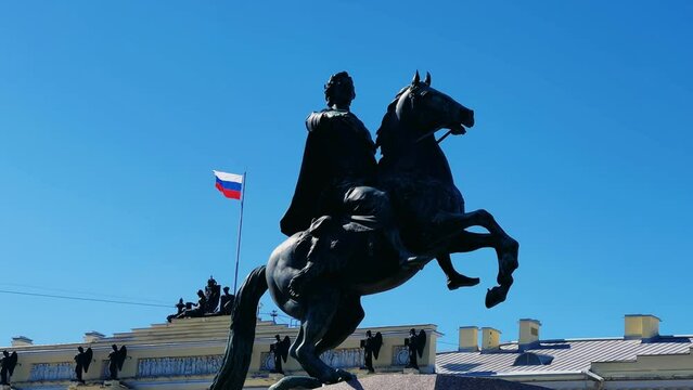 ST. PETERSBURG, RUSSIA - APRIL 16: The Bronze Horseman is a monument to Tsar and Emperor Peter I the Great on Senate Square. The symbol of St. Petersburg. 4К