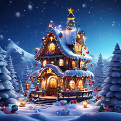 3d illustration of a christmas tree house with ornaments and colored lights surrounded by snow