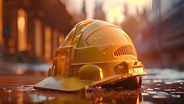 yellow construction helmet on a wet floor with soft light and a city background in a low angle shot, with high resolution photography. Outdoor construction background