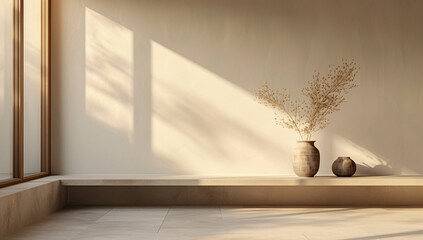Soft light streams through the window, filling a serene room with a peaceful ambiance, highlighting simple vases