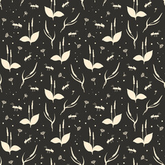 The ant and the plantain. Seamless pattern with silhouettes of insects, dandelion and plantain. For packaging, textiles, stationery and scrapbooking.