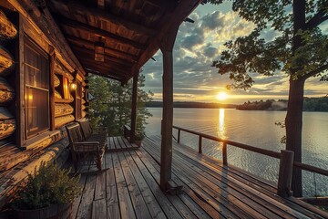 A log cabin with wooden porch overlooking the lake at sunset, in rustic charm style - obrazy, fototapety, plakaty