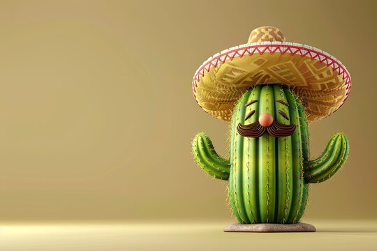 A Mexican cactus character wearing a traditional sombrero and mustache banner with copy space