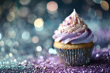 a beautiful decorated cupcake for birthday with glitter in front of a blurry bokeh background with space for text, birthday background, birthday card