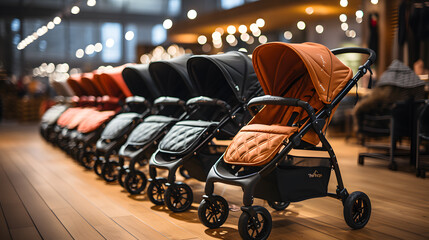 baby stroller on a modern table with a beautiful baby gear store background