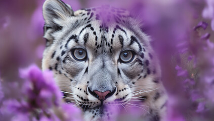 a leopard looking at a spot in the background of a purple flower