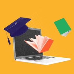 Tablet with graduation cap and books falling down. Contemporary art collage. Get qualifications through flexible and accessible platforms. Concept of online education, e-learning, modern technologies