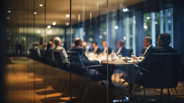 Business Team Engaged in Discussions Seen Through Blurry Glass Partition - Negotiation Techniques, Executive Leadership, Organizational Development, Management.