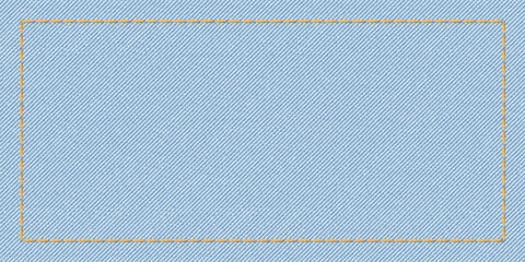 Denim jean textile light wash colors background with gold seams frame vector illustration.