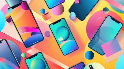Modern Smartphone Mockups Floating with Geometric Backdrop. Dynamic display of sleek smartphones in various angles against vibrant colored circles