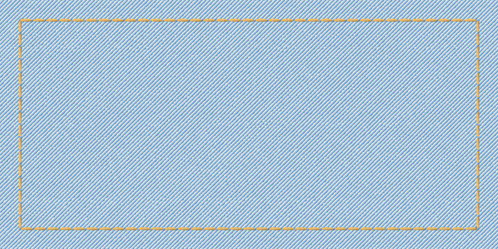 Denim jean textile light wash colors background with gold seams frame vector illustration.