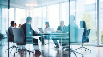 Business Team Engaged in Discussions Seen Through Blurry Glass Partition - Negotiation Techniques, Executive Leadership, Organizational Development, Management.