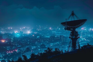City lights at night from a distance with a large satellite dish in the foreground.