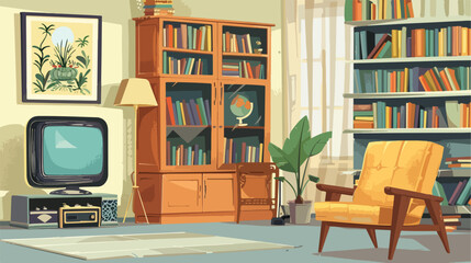 Flat retro interior living room with bookcasechair te
