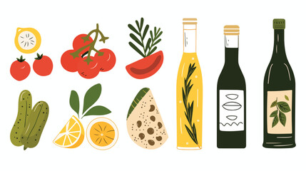 Flat set of products of the Mediterranean diet. vector